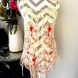 AMAZING FREE PEOPLE CREAM EMBROIDERED NET & FLORAL SHEER TUNIC